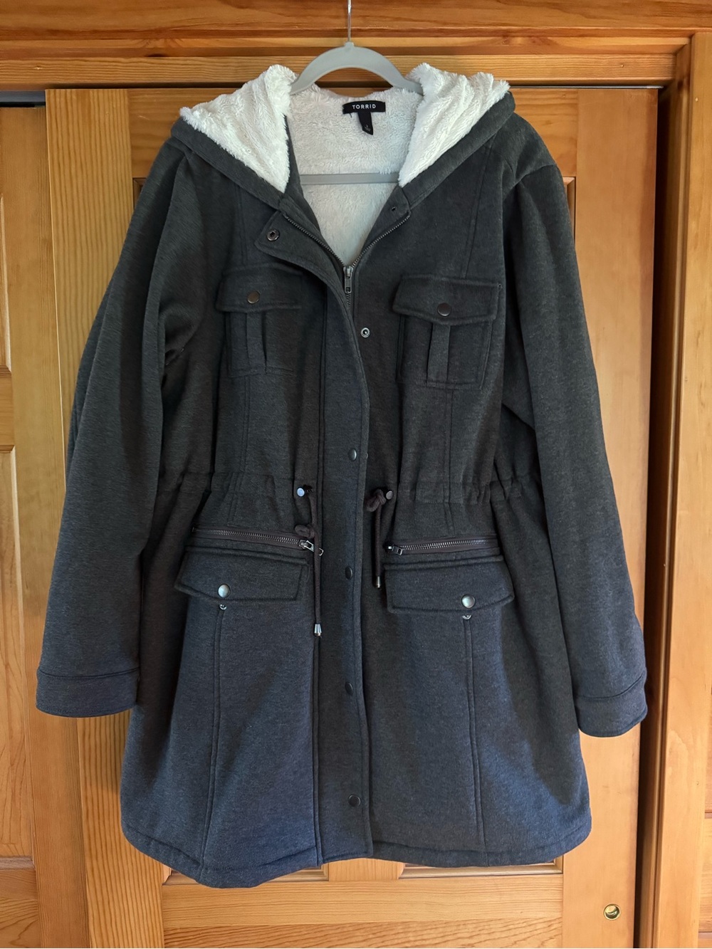 torrid Charcoal Hooded Utility Coat with Cream Sherpa Lining